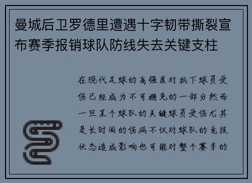曼城后卫罗德里遭遇十字韧带撕裂宣布赛季报销球队防线失去关键支柱 曼城后卫罗德里遭遇十字韧带撕裂宣布赛季报销球队防线失去关键支柱
