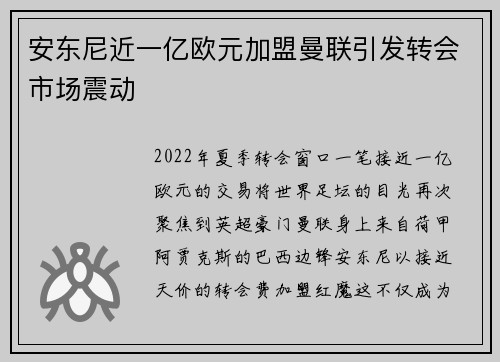 安东尼近一亿欧元加盟曼联引发转会市场震动